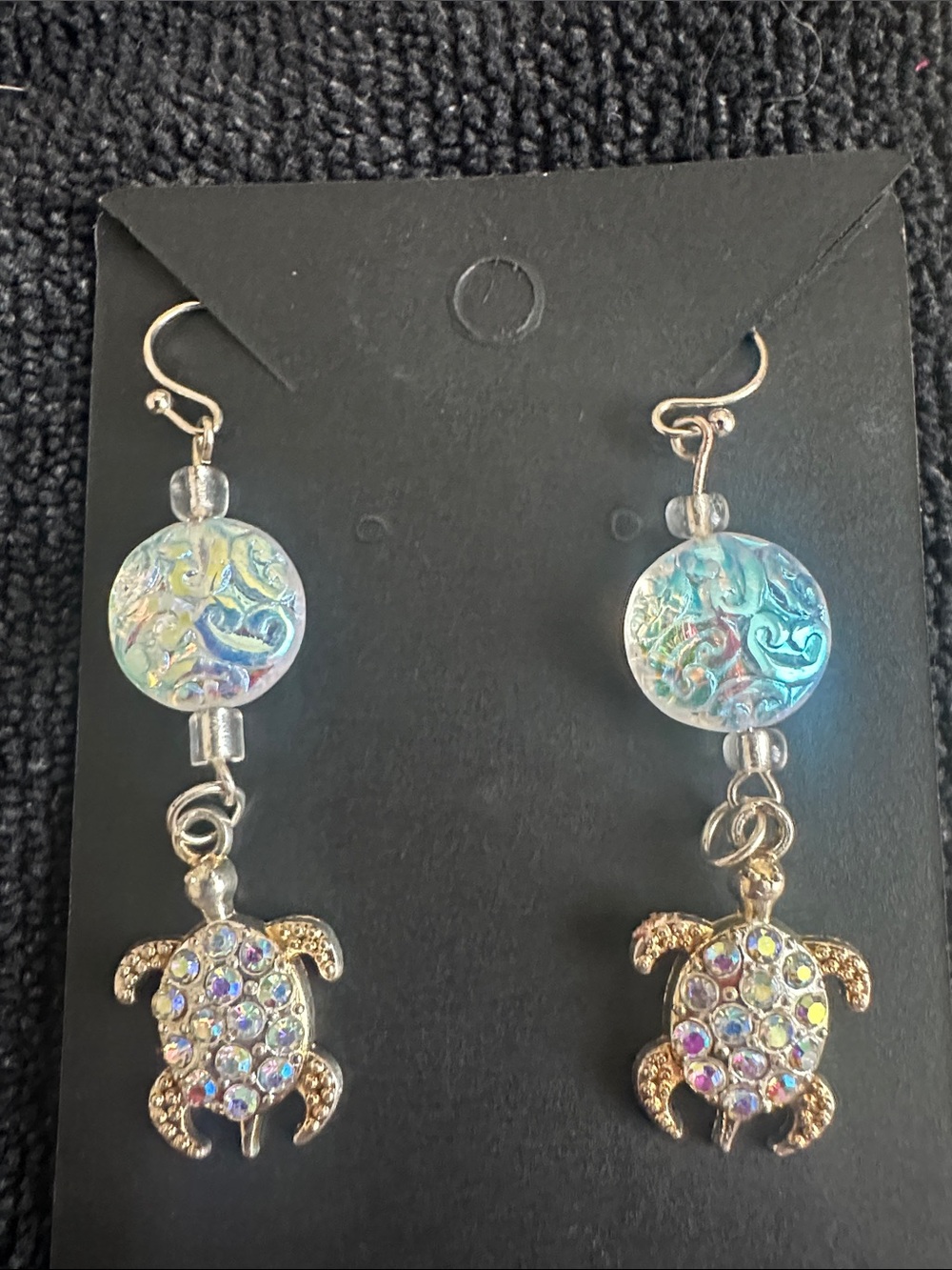 Gold Turtle Drop Earrings with Iridescent Blue-Green Accents